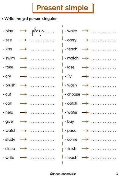 the present simple worksheet is shown in orange and white, with an arrow pointing to