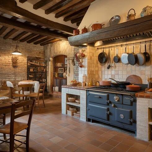 Rustic Spanish kitchen with wooden beams, earthy tones, and traditional cookware.