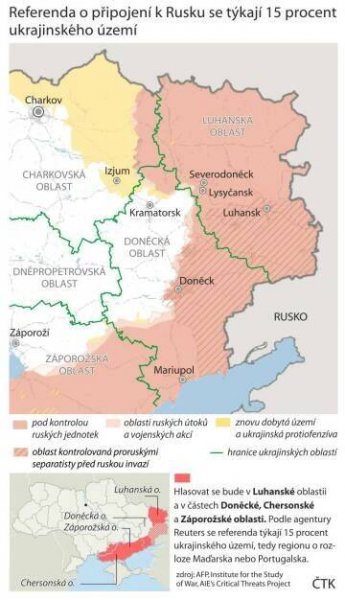 Ilustrační grafika o ukrajinské Luhanské a Doněcké oblasti (samozvaná Luhanská lidová a Doněcká lidová republika a Ruskem okupované části ukrajinského území uspořádají od 23. září všelidová hlasování o připojení k Rusku. Kyjev a západní země je odmítají jako nelegální. Také podle Organizace pro bezpečnost a spolupráci v Evropě nemohou být výsledky hlasování právně závazné).

