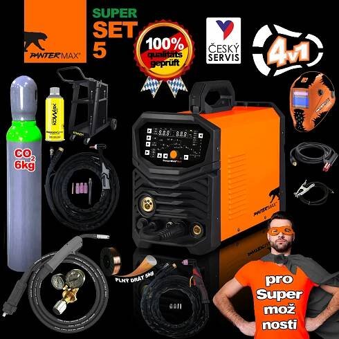 PANTERMAX PanterWeld®4v1 200 MULTIFUNKČNÍ invertorová svářečka MIG/TIG/MMA/PLAZMA SET5 + KUKLA+ LAHEV CO2 + VENTIL + VOZÍK + DRÁT
