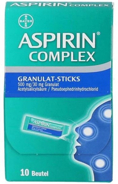 Aspirin Complex Granulat-Sticks Packung. Enthält 10 Beutel. Aufdruck: 500 mg/30 mg Granulat. Bayer Logo.