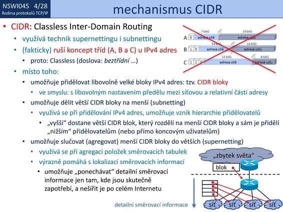 NSWI021 1/28
Rodina protokolů TCP/IP
NSWI045 4/28
Rodina protokolů TCP/IP mechanismus CIDR
• umožňuje „ponechávat“ detailní směrovací
informace jen tam, kde jsou skutečně
zapotřebí, a nešířit je po celém Internetu
• CIDR: Classless Inter-Domain Routing
• využívá technik supernettingu i subnettingu
• (fakticky) ruší koncept tříd (A, B a C) u IPv4 adres
• proto: Classless (doslova: beztřídní …)
• místo toho:
• umožňuje přidělovat libovolně velké bloky IPv4 adres: tzv. CIDR bloky
• ve smyslu: s libovolným nastavením předělu mezi síťovou a relativní částí adresy
• umožňuje dělit větší CIDR bloky na menší (subnetting)
• využívá se při přidělování IPv4 adres, umožňuje vznik hierarchie přidělovatelů
• „vyšší“ dostane větší CIDR blok, který rozdělí na menší CIDR bloky a sám je přidělí
„nižším“ přidělovatelům (nebo přímo koncovým uživatelům)
• umožňuje slučovat (agregovat) menší CIDR bloky do větších (supernetting)
• využívá se při agregaci položek směrovacích tabulek
• výrazně pomáhá s lokalizací směrovacích informací
„zbytek světa“
síť síť síť síť
blok
detailní směrovací informace
 