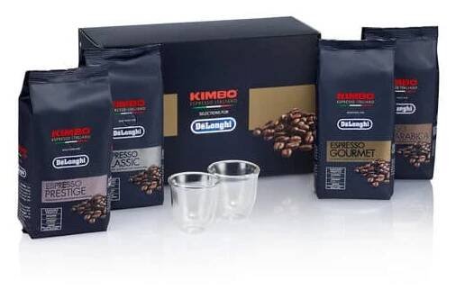Sada pro ochutnávku kávy Kimbo for De'Longhi, DLSC316, se zrnkovou kávou 4 x 250 g a 2 sklenicemi Espresso