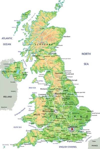 Fyzická mapa Velká Británie — Ilustrace