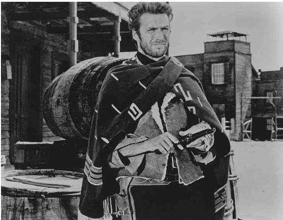 ‘When a man with a .45 meets a man with a rifle’: the stranger (Clint Eastwood) faces Ramon in the finale to 4 Fistful of Dollars (1964).  — eee ee ee ee eS eee eee ee, lUrhr Ol eee LV eee oe eee  Sands, Jolly were hoping for a greater return on their next western ventures.  Jolly and Constantin made another western concurrently with Fistful, called Pistols Don’t Argue (also known as Bullets Don’t Argue) starring 54-year-old Rod Cameron. Cameron starred as Pat Garrett, the Sheriff of Rivertown, who has his wedding day interrupted when Billy and George Clanton rob the local bank. Garrett tracks them to Mexico and most of the film is devoted to the trio’s trek back across the desert (Devils Valley) and their battle with a Mexican bandit gang. Pisto/s was very old- fashioned (the US cavalry ride to Garrett’s rescue at the climax), and with hindsight it seems incredible to think that the producers had a higher regard for this film than Fistful. The only interesting aspects of Pistols were the locations (including the town set, which Leone reused) and Morricone’s score. Without Leone’s visuals to inspire him, the music is average, but does hint at a talent to compose a catchy tune. Pistols has a traditional title song (‘Lonesome Billy’, sung by Peter Tevis), but it introduces the villainous Billy, rather than the hero. Packed with clichés and awful rhymes, the lyrics read: ‘A rough man who plays with danger, to whom trouble was no stranger’. No wonder Leone wanted a lyric-free title theme.  
