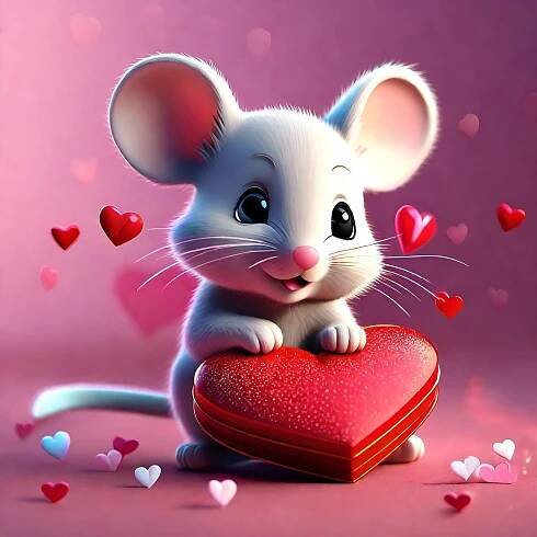a cute little mouse sitting on top of a heart shaped box with hearts around it