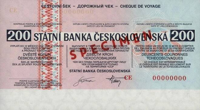 Státní banka československá (SBČS), cestovní šek, traveller's check, traveller's cheque, cheque de voyage, Reisescheck.