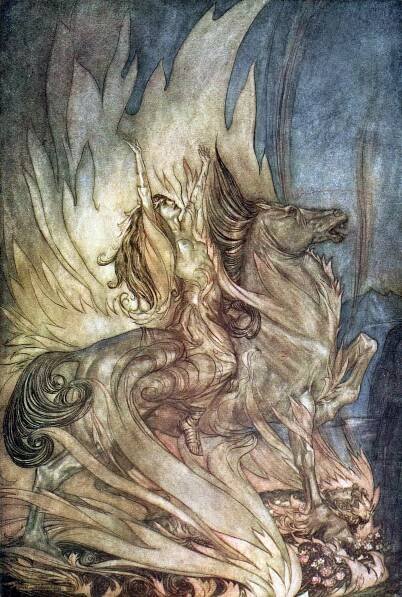 Brünnhilde on Grane skočí na pohřební hranici Siegfrieda. Ilustrace pro Siegfried and The Tw od Arthur Rackham