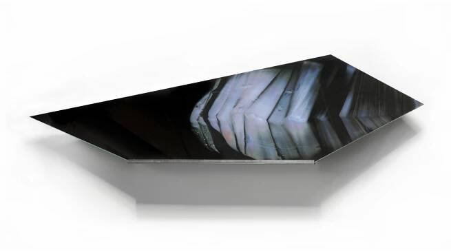     A Possibility as Vibrant as it is Improbable.  Silver nanoparticles on glass. 16 x 59 inches, 2013.   