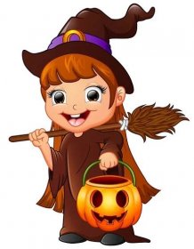 Malá čarodějnice kreslený drží koště a dýně — Stockový vektor