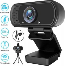 Webcam, HD Webcam 1080P with Privacy Shutter and Tripod Stand, Pro Streaming Web Camera with Microphone, Widescreen USB Computer Camera for PC Mac Laptop Desktop Video Calling Conferencing Recording