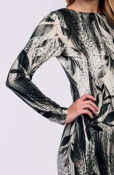 Elegantní šedo černé dámské šaty s listy 7053