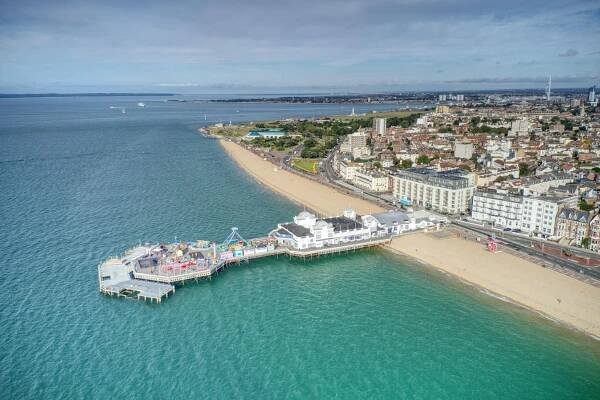Aerial view of Southsea Beach and pier.