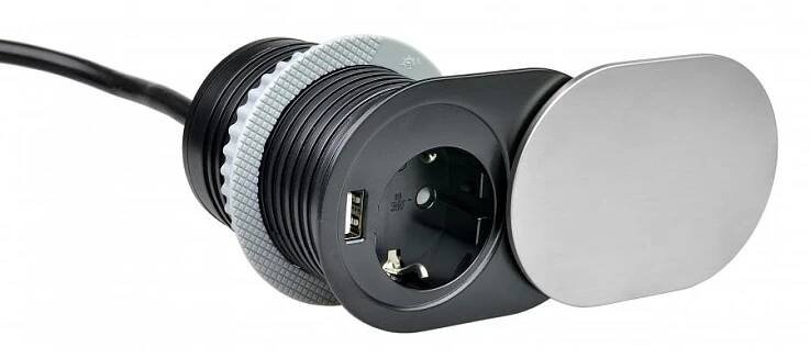 Slidebox zásuvkový blok s posuvným krytem, 1 zásuvka + 1 port USB, SCHUKO, černá / stříbrná