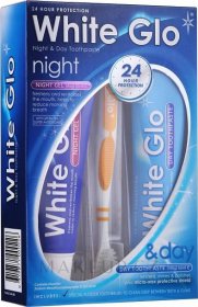 White Glo Night & Day Toothpaste (t/paste/65ml + t/gel/65ml + toothbrush) - Sada se žlutým zubním kartáčkem