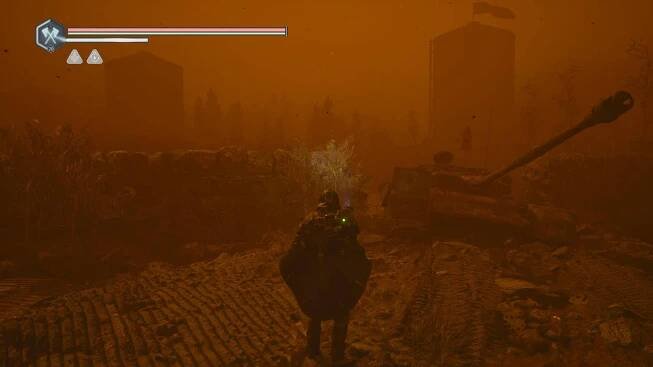 Hell is Us screenshot showing player character in a orange foggy town with ruined tank