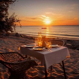 Bezplatný obrázek: Romantická večeře na krásné pláži při západu slunce