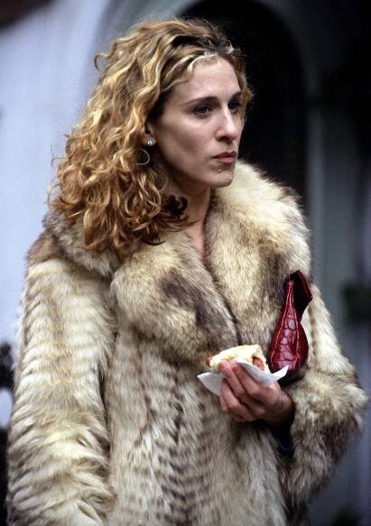 Image may contain Sarah Jessica Parker Adult Person Clothing Coat Fur Bread Food Accessories Bag and Handbag