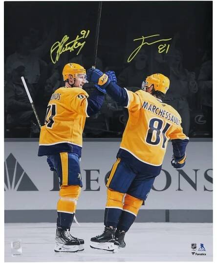 Jonathan Marchessault & Steven Stamkos Nashville Predators Autographed Fanatics Authentic 16" x 20" Gold Jersey Celebration Photograph