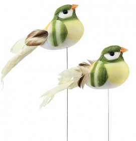Ptáček z peří na drátě dekorativní ptáček s peřím zelený oranžový 4cm 12ks