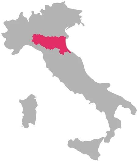 Emilia-Romagna wine region highlighted in pink on a map of Italy