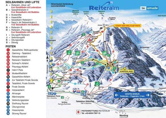 Reiteralm - lyžařská mapa, skimapa sjezdovek a lanovek, zimní panorama ski areálu