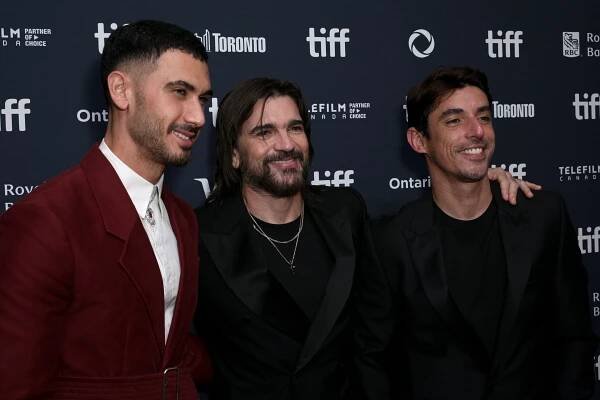 TORONTO, ONTARIO - SEPTEMBER 09: (L-R) Alejandro Speitzer, Juanes, and Alberto Guerra attend the premiere of "Pimpinero: Blood and Oil" during the 2024 Toronto International Film Festival at TIFF Lightbox on September 09, 2024 in Toronto, Ontario. (Photo by Darren Eagles/Getty Images)
