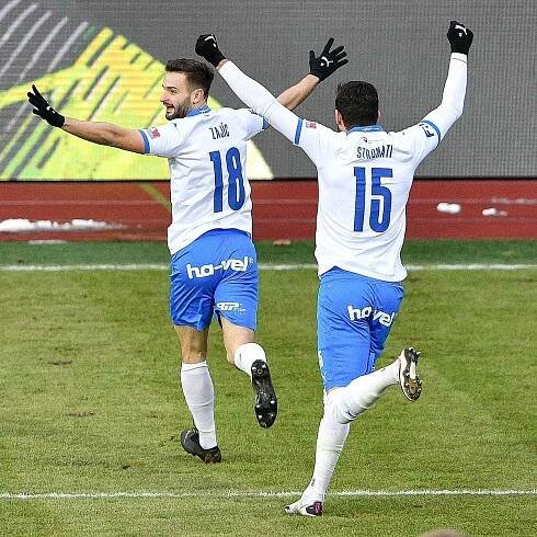 Utkání 9. kola první fotbalové ligy: Baník Ostrava - Slovan Liberec, 27. ledna 2021 v Ostravě. (vpravo) radost Patrizio Stronati z Ostravy a Tomáš Zajíc z Ostravy.
