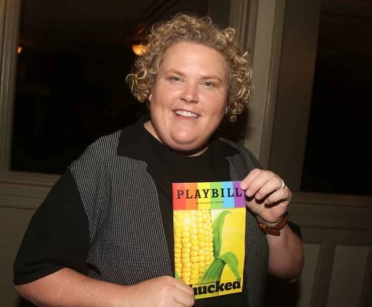 Fortune Feimster poses backstage at the new musical "Shucked" on Broadway at The Nederlander Theatr