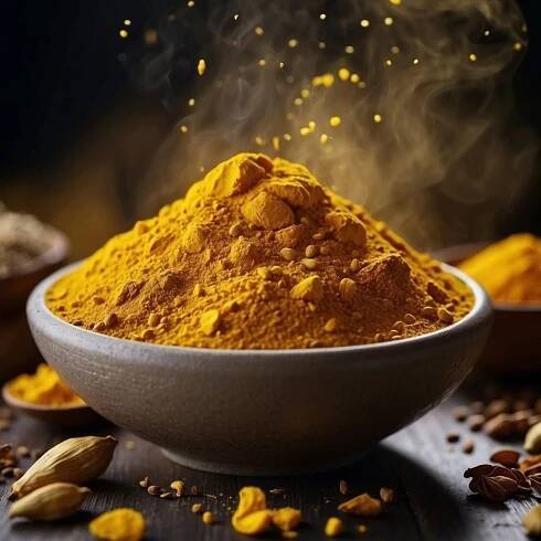 A close-up photo of a bowl of curry powder on a wooden table.