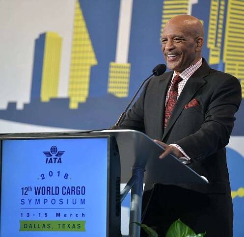 NFL Hall-of-Famer Drew Pearson of the Dallas Cowboys delivers a keynote speech to the IATA Word Cargo Symposium in Dallas TX. Conference photography by Morton Visuals.