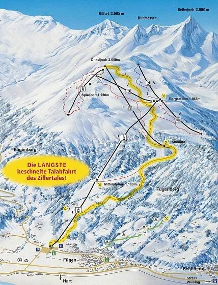 Fügen - Spieljoch - lyžařská mapa, skimapa sjezdovek a lanovek, zimní panorama ski areálu