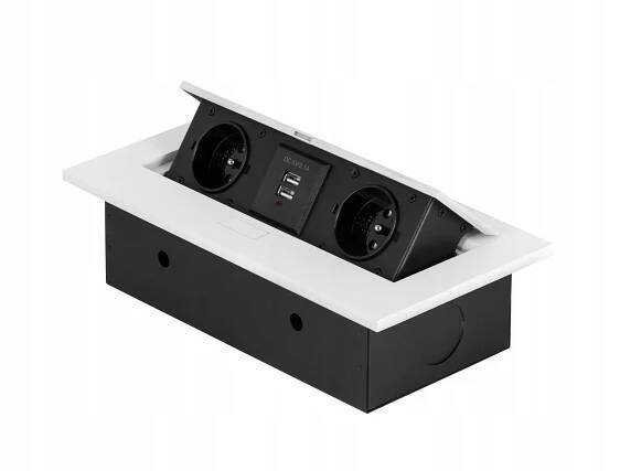 Nábytková zásuvka bílá, zasunutelná do desky, prodlužovací kabel 230V, 2xUSB