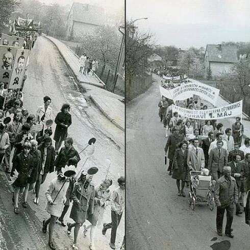 1. máj 1974 a 1975 - Průvod jde po staré okresní silnici - pohled od dnešní prodejny Elektro Volák