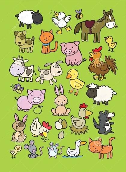 Cartoon Farm Animals and Birds