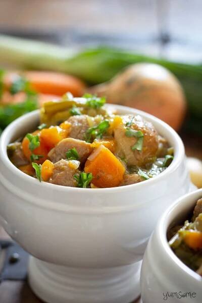 simple vegan Irish stew in a white bowl | yumsome.com