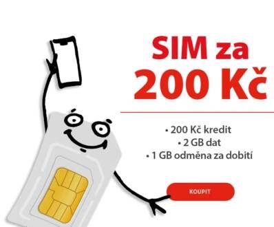 SIM karta za 200 Kč s 200 Kč kreditem. SIM obsahuje 2 GB dat + 1 GB odměna za dobití. Koupit.