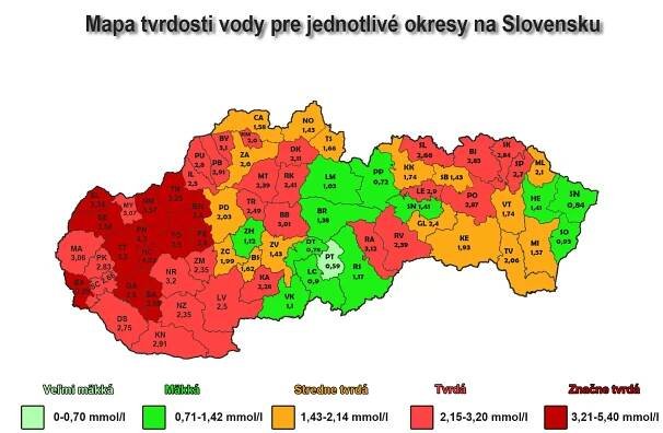 Mapa tvrdosti vody pre jednotlivé okresy na Slovensku