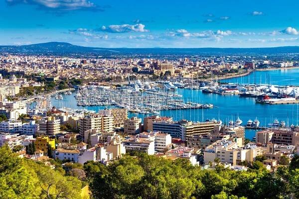Aerial view of Palma, Mallorca, with harbor and city.