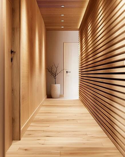 Ideen für Wandgestaltung im Flur- Installiere eine Wandverkleidung aus Holz für Wärme.