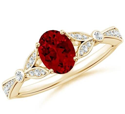 7x5mm Labgrown Lab-Grown Nature-Inspired Oval Ruby Engagement Ring with Leaf Motifs in 18K Yellow Gold