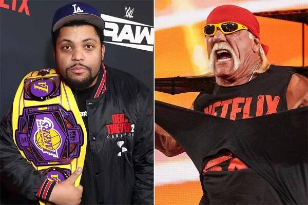O'Shea Jackson Jr. attends Netflix's Debut of WWE Monday Night Raw at Intuit Dome on January 06, 2025 in Inglewood, California. , Hulk Hogan with Jimmy Hart along side address the crowd during RAW at Intuit Dome on January 6, 2025 in Inglewood, California