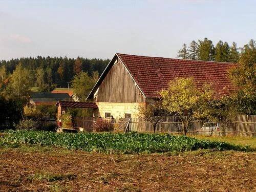 a barn with a fence in front of a field at Penzion Zámek Rozsochatec in Rozsochatec