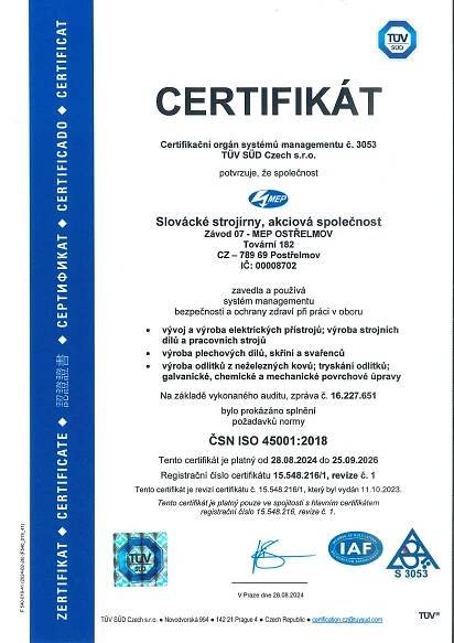 Certifikace - Slovácké strojírny, a.s.