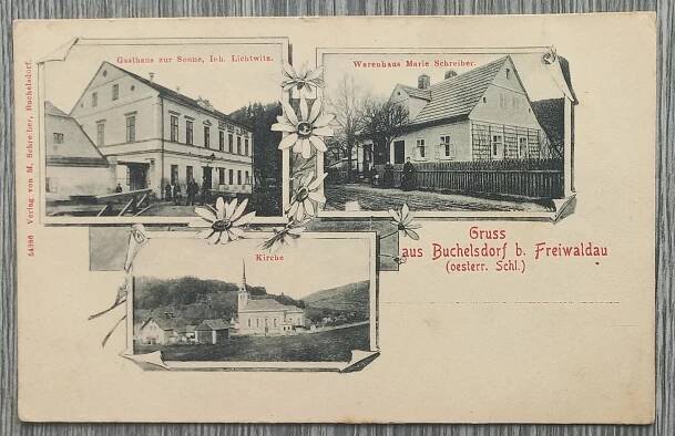 Bukovice - Buchelsdorf - Jeseník - hospoda, obchod - květinová koláž - Pohlednice místopis