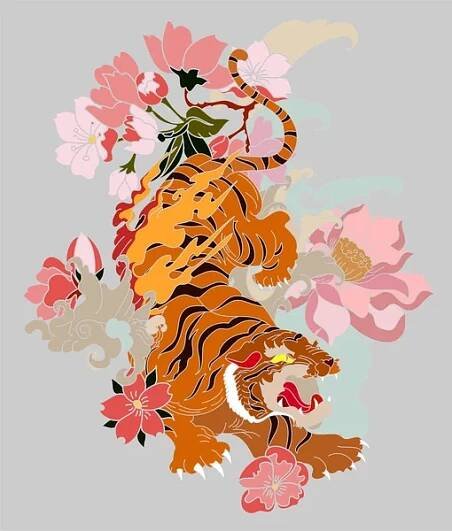 Ilustrasi — Tato harimau tradisional Jepang. Tato macan Macan Sticker, harimau kartun di latar belakang hitam. Vektor ilustrasi untuk bordir dan pencetakan di shirt.Beautiful line art of flower.