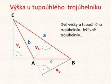 C. Dvě výšky u tupoúhlého trojúhelníku leží vně trojúhelníku. a. b. vc. va. . . c. A. B. vb. .