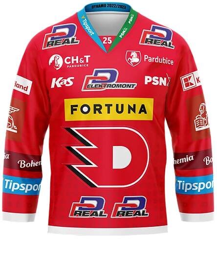 Červený originální zápasový dres HC Dynamo Pardubice pro sezónu 2022/23