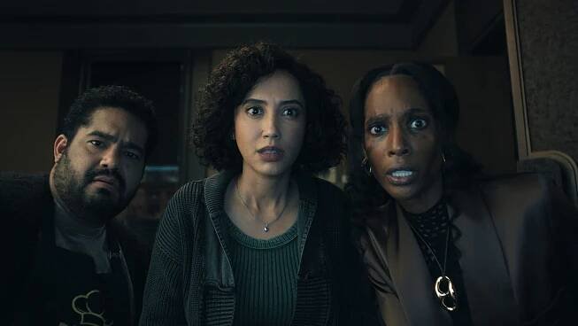 Josh Banday, Andy Allo, and Zainab Johnson in 'Upload' Season 4