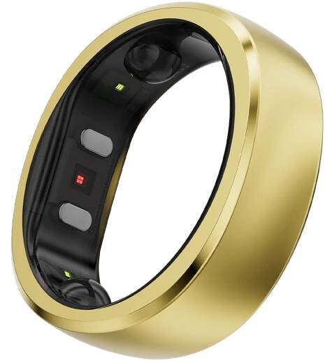 Gold smart ring with medical sensors, sleep apnea detection, and health tracking.